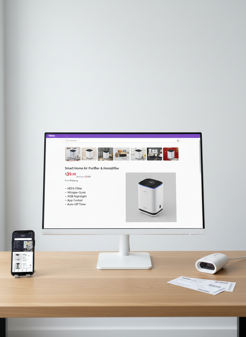A minimalist white computer monitor on a light oak desk, displaying a detailed Temu product listing page for a home gadget, showing title, images, pricing, and bullet-point features. Beside the monitor rests a smartphone with the Temu app home screen glowing faintly, angled toward the viewer. A pair of small, neatly stacked shipping labels and a barcode scanner lie to the right, suggesting efficient order processing. Cool, diffused daylight from an overcast sky filters through a nearby window, producing low-contrast, even lighting with minimal shadows. Shot straight-on at eye level with sharp focus throughout, the composition follows the rule of thirds, leaving negative space in the upper area for text overlay. The atmosphere feels calm, instructional, and trustworthy, with photographic realism and a clean, contemporary style.