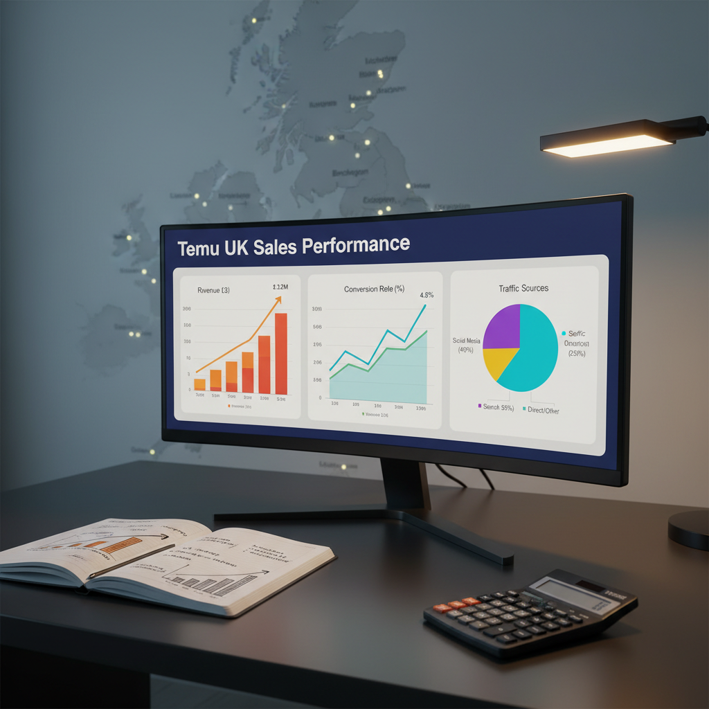 A large computer monitor on a dark, smooth desk displaying a colourful analytics dashboard labelled “Temu UK Sales Performance,” with clear graphs for revenue, conversion rate, and traffic sources. Beside it sits an open notebook with neatly drawn arrows and growth sketches pointing upward, and a calculator angled toward the lower edge of the frame. A wall in the background features a faintly visible printed UK map with key cities marked, softly out of focus. Warm desk lamp light from the right blends with cooler ambient room light, creating a balanced, professional contrast and subtle reflections on the monitor’s bezel. Shot at a slightly elevated side angle with medium depth of field, the scene feels analytical, forward-looking, and strategic, in polished photographic realism to convey scaling and growth on Temu.