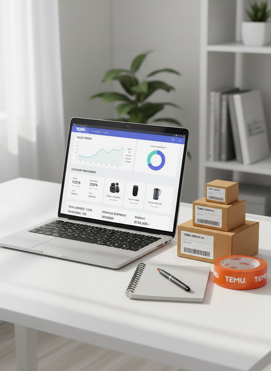 A sleek silver laptop open on a tidy white desk, its screen displaying a clean Temu seller dashboard with charts, product thumbnails, and order metrics clearly visible. Around the laptop sit a small stack of neatly labeled cardboard shipping boxes, a roll of branded orange packing tape, and a simple notebook with a pen placed diagonally. Soft daylight from an unseen window to the left casts gentle, natural highlights across the smooth desk surface and subtle shadows behind the objects. Photographed at a slightly elevated, three-quarter angle with a shallow depth of field, the background fades into a softly blurred, neutral office setting. The overall mood is professional, organised, and optimistic, with photographic realism and a clean, modern aesthetic suited to an educational seller guide.