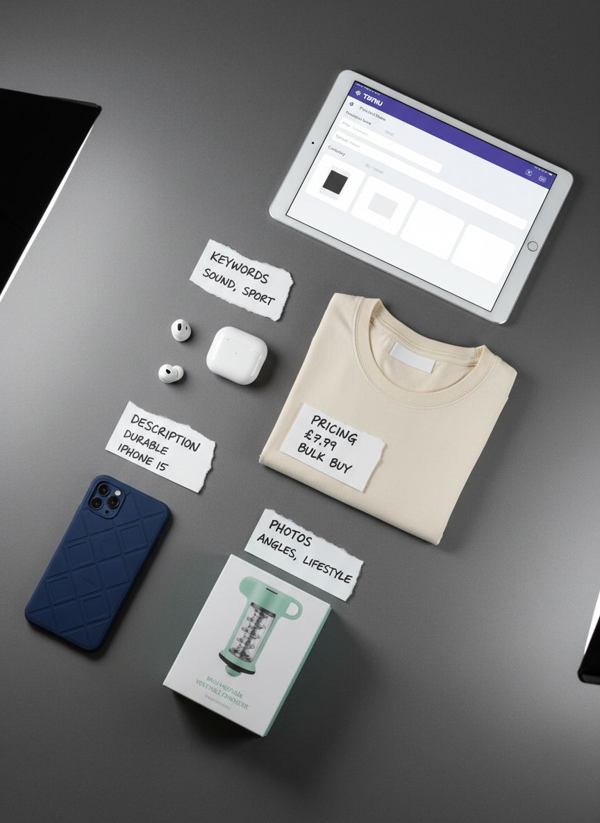 A close-up, overhead view of a neatly arranged flat lay on a matte grey background, featuring various small UK-market consumer products ready to be listed on Temu: a compact wireless earbud case, a folded cotton T-shirt with a blank label, a boxed kitchen gadget, and an elegant phone case. Each product has a small white card beside it with handwritten-style notes like “keywords,” “pricing,” and “photos.” A slim tablet in the corner shows a Temu listing template. Soft studio lighting from both sides creates even illumination, subtle shadows, and crisp edges. The mood is methodical and strategic, emphasising careful preparation. Photographic realism, balanced composition, and a slightly desaturated, professional palette reinforce the analytical, step-by-step nature of a seller guide.